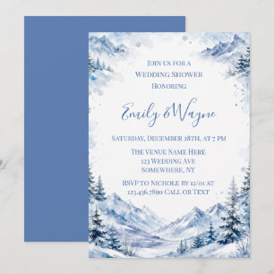 Invitation Mariage sous la neige bleue Montagnes Aquarelle