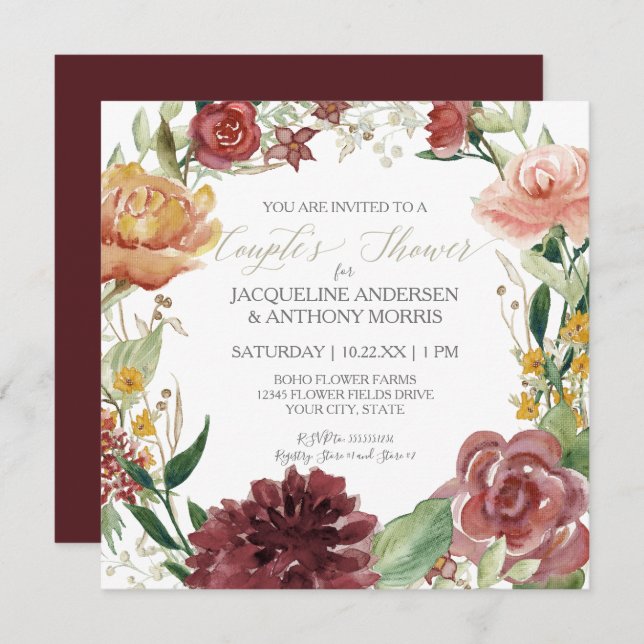 Invitation Mariage sous la pluie Fleurs d'automne Floral Bour (Devant / Derrière)
