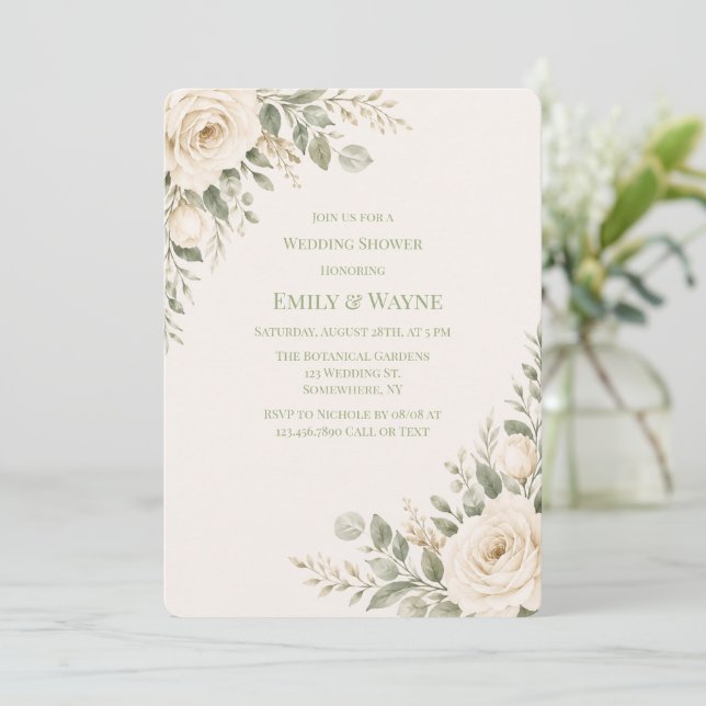 Invitation Mariage sous la verdure de crème et de sauge verte (Debout devant)