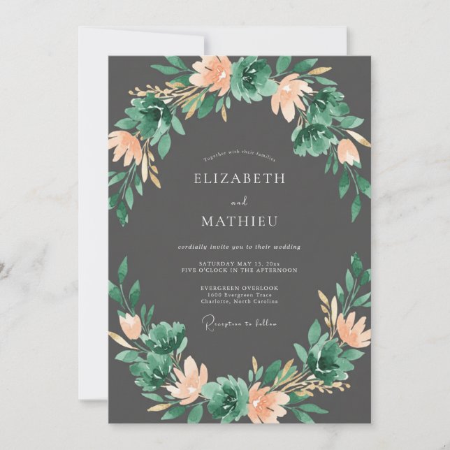 Invitation Mariage sous l'Arche Botanique Émeraude Pêche (Devant)