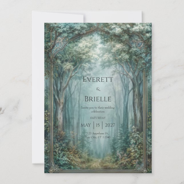 Invitation Mariage sous l'arche de la forêt enchantée embrumé (Devant)