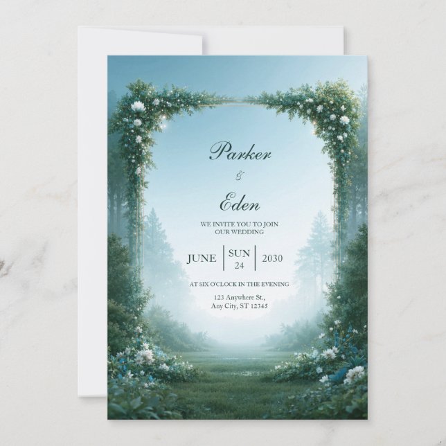 Invitation Mariage sous l'Arche de Prairie Bleue Brumeuse (Devant)