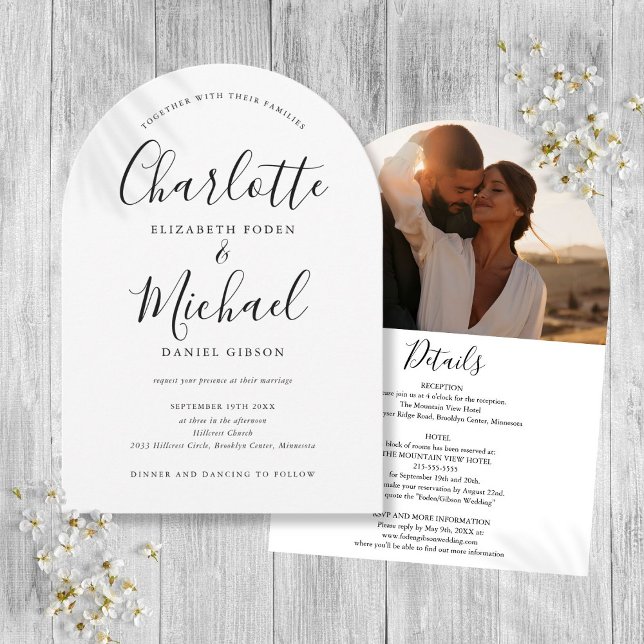 Invitation Mariage sous l'arche photo tout en un noir et blan (Black And White All In One Photo Arch Wedding Invitation)