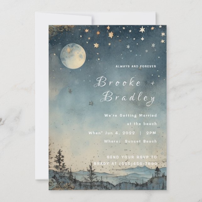 Invitation Mariage sous le ciel nocturne de la forêt au clair (Devant)