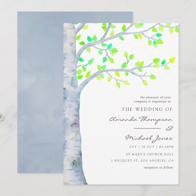 Invitation Mariage sous les bouleaux au printemps aquarelle (Devant / Derrière)