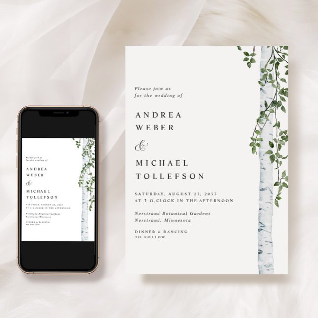 Invitation Mariage sous les feuillages de trembles et de boul (Simple Birch Tree Wedding Invitation - Aspen Leaves - Foliage Greenery Woodsy Elegant Boho)