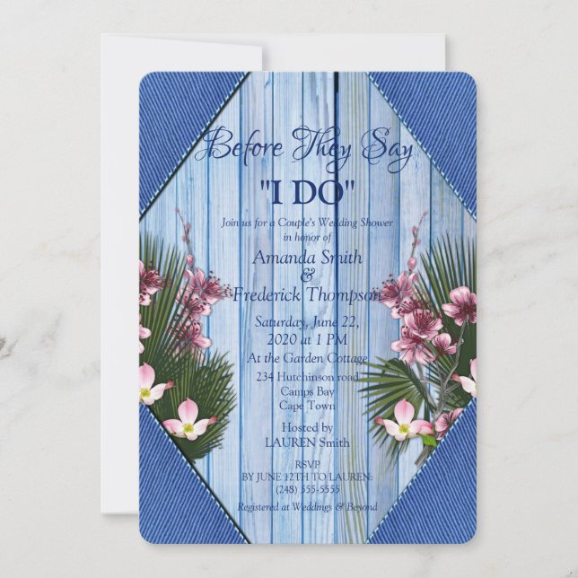 Invitation Mariage sous thème Nuit - Fleurs Bleues et Roses (Devant)