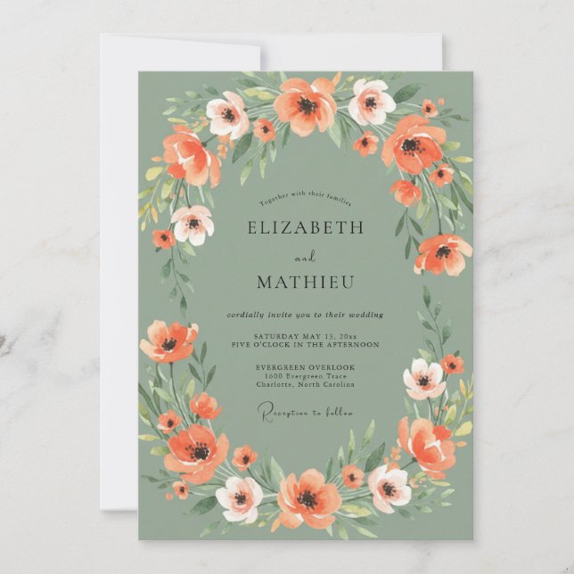 Invitation Mariage sous une Arche Botanique de Corail Sage (Devant)