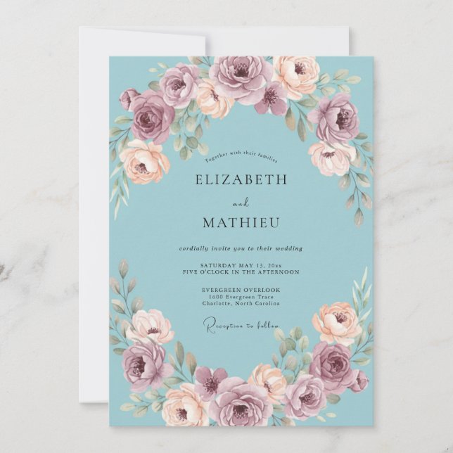 Invitation Mariage sous une arche de fleurs de rose poussiére (Devant)