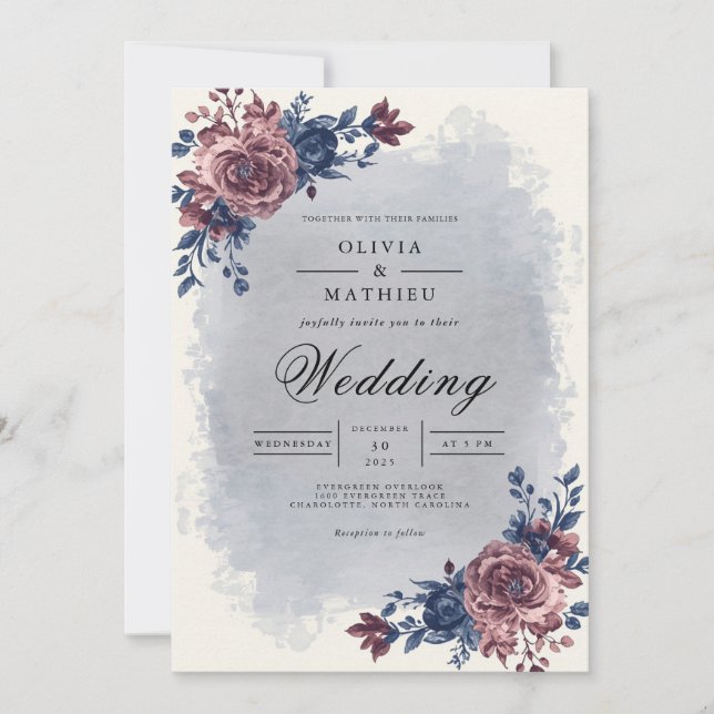 Invitation Mariage sous une arche florale prune capricieuse (Devant)