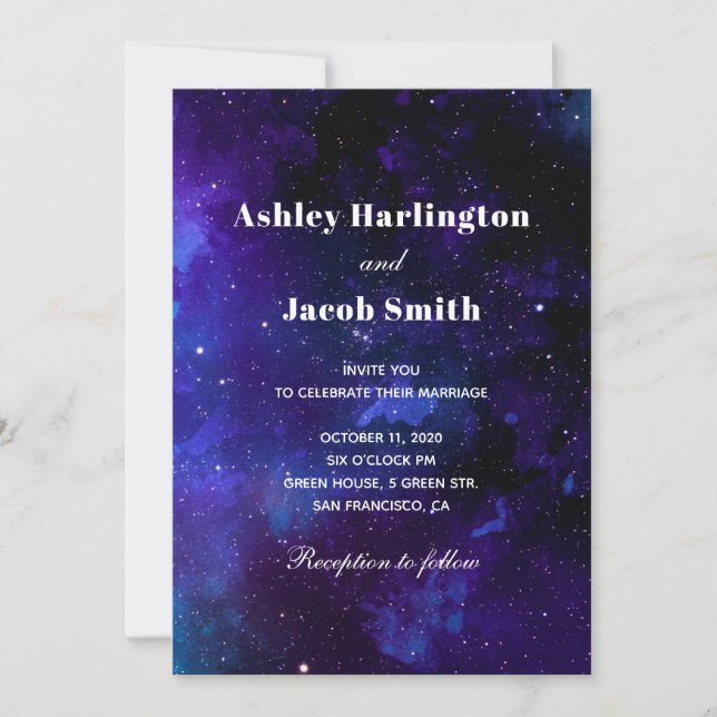Invitation Mariage spatial. Nuit étoilée. Galaxie marine mode (Devant)