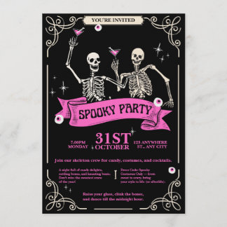 Invitation Mariage squelette rétro vintage rose et noir