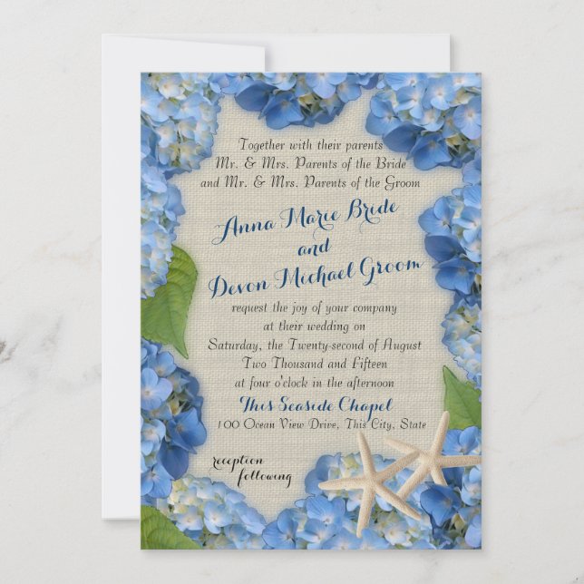 Invitation Mariage Starfish et Blue Hydrangea (Devant)