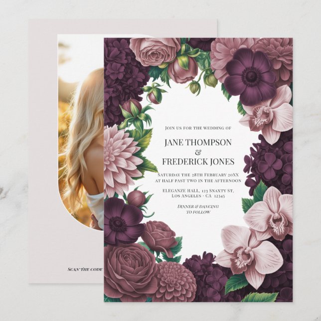 Invitation Mariage Storm Plum, Graphite Rose & Antique Blush (Devant / Derrière)