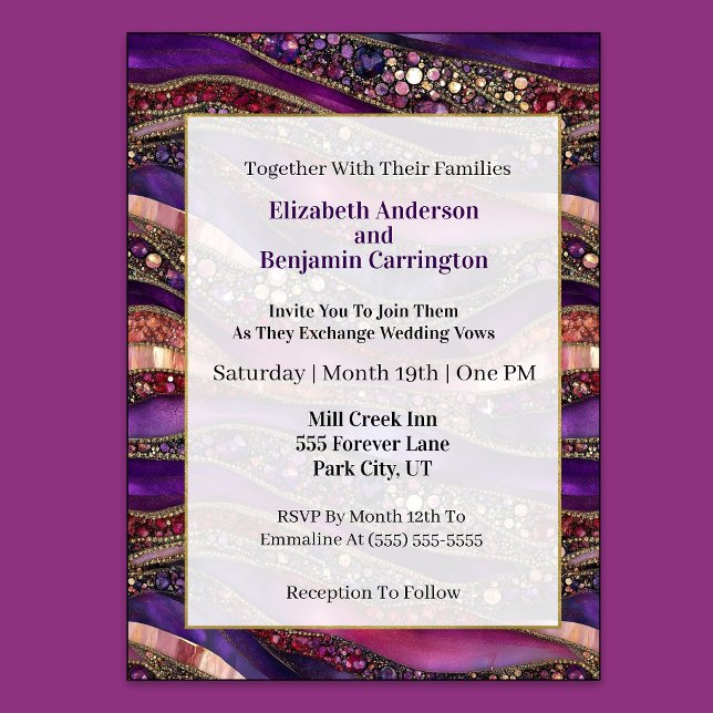 Invitation Mariage Strates Bijoux Violet et Or (Purple and Gold Jeweled Strata  Wedding Invitation)