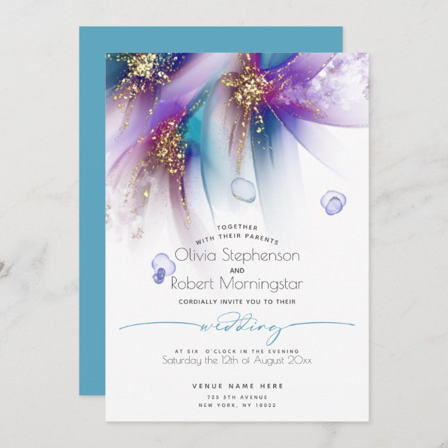 Invitation MARIAGE | Striking Turquoise Purple Abstrait (Devant / Derrière)