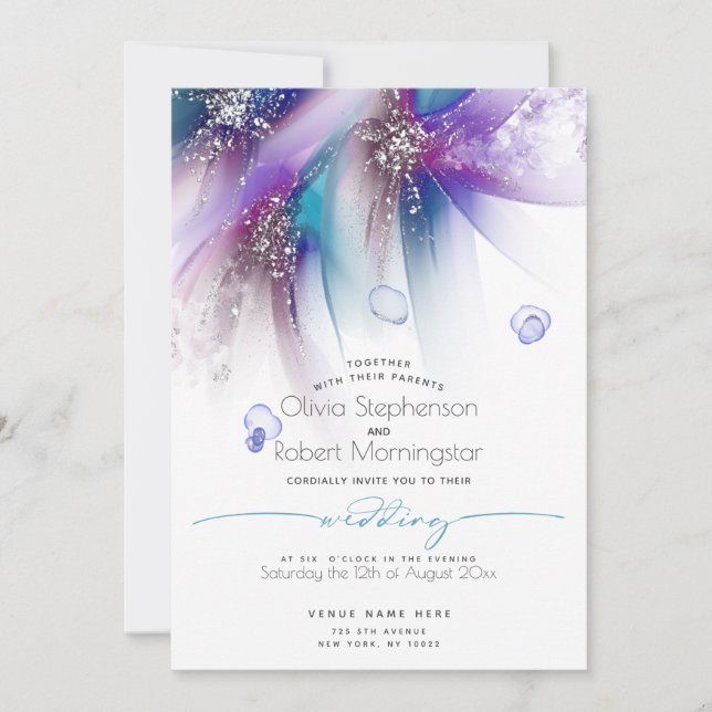 Invitation MARIAGE | Striking Turquoise violet Abstrait Argen (Devant)
