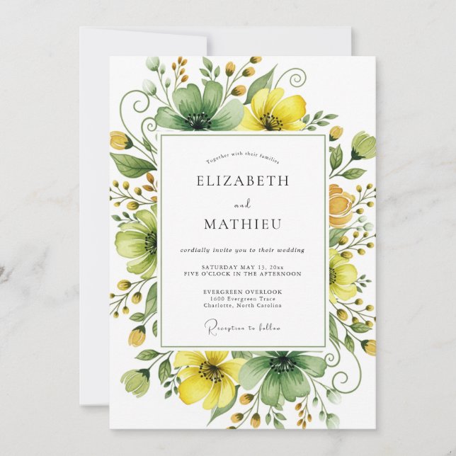 Invitation Mariage Sublime Fleur Sauvage Vert de Mousse Jaune (Devant)