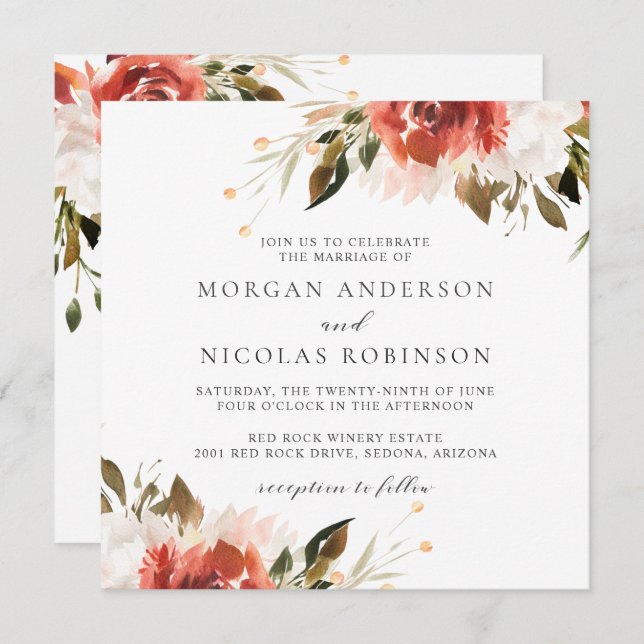 Invitation Mariage subtil de bouquet floral rouge et blanc (Devant / Derrière)