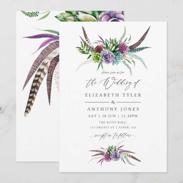 Invitation Mariage succulent aquarelle boho mystique (Devant / Derrière)