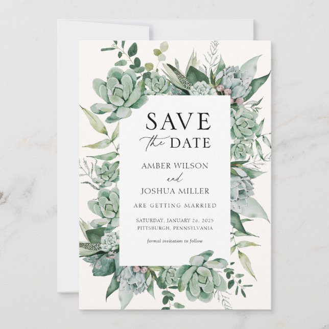 Invitation Mariage Succulent et Eucalyptus Enregistrer la dat (Devant)