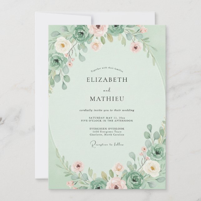 Invitation Mariage Succulent Eucalyptus Menthe Rosé (Devant)