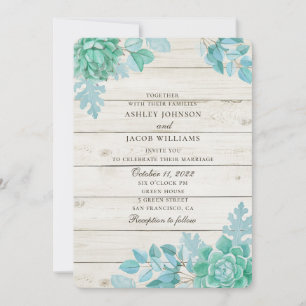 Invitation Mariage succulent grange à bois. Cactus à la menth