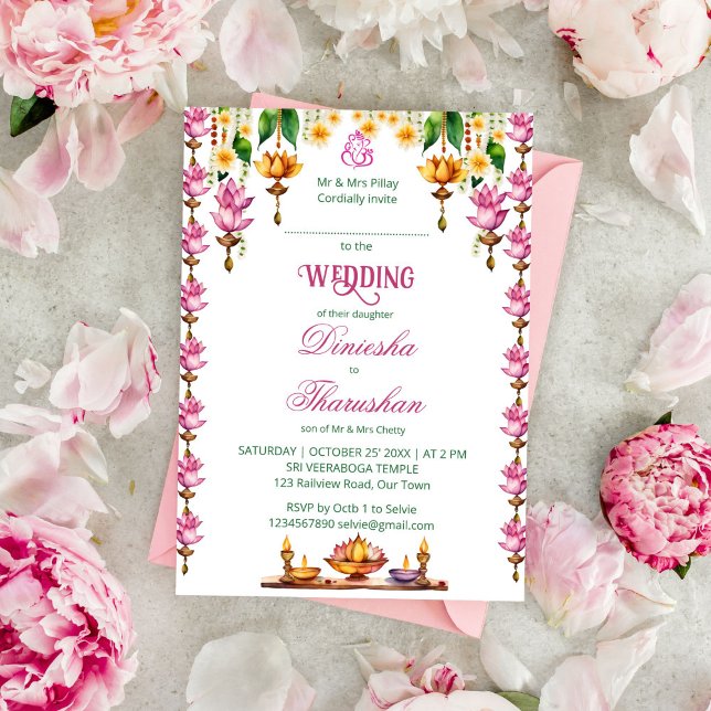 Invitation Mariage sud-indien lampadaire de lotus modèle (South Indian Tamil wedding template invitation instant digital download pink lotus diya  garlands)