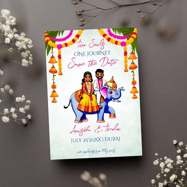 Invitation Mariage sud-indien mignon unique enregistrer la da (South Indian Tamil wedding unique save the date cute bridal couple riding elephant cartoon marigolds)