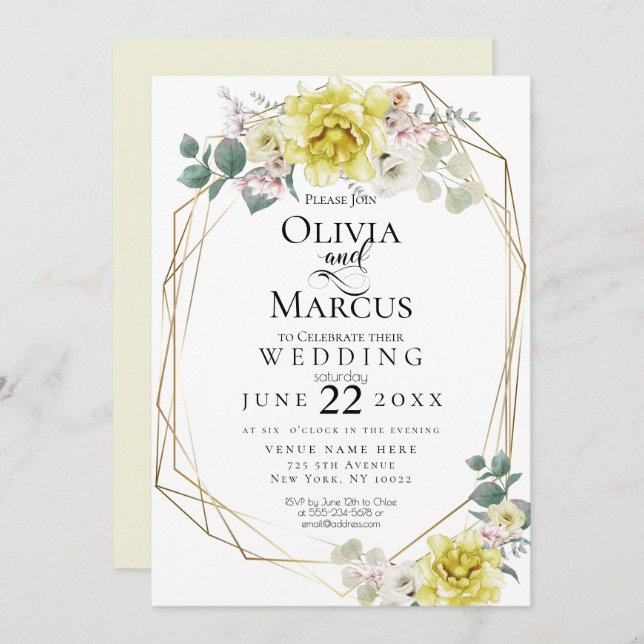 Invitation Mariage | Sunny Yellow Peony Aquarelle Fleurs (Devant / Derrière)