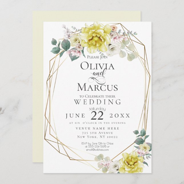 Invitation Mariage | Sunny Yellow Peony Aquarelle Fleurs (Devant / Derrière)