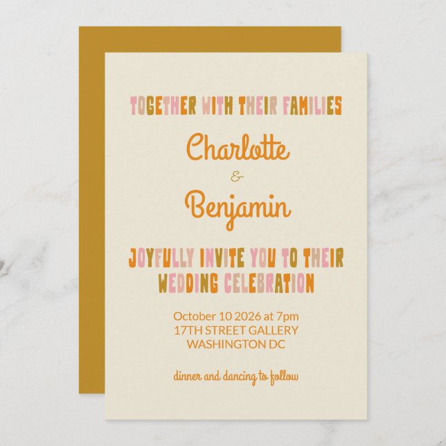 Invitation Mariage super couleur rose et moutarde (Devant / Derrière)