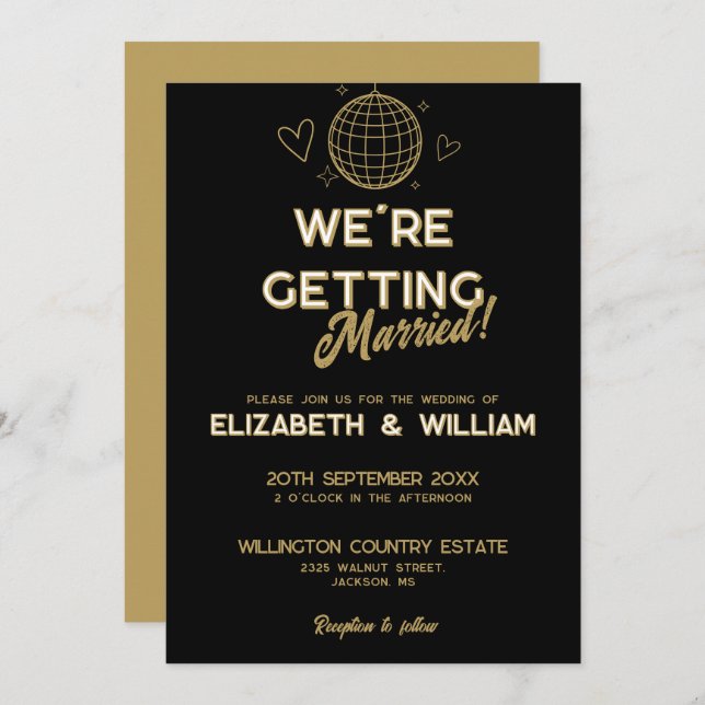 Invitation Mariage Super Disco Black And Gold (Devant / Derrière)