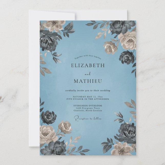 Invitation Mariage sur fond d'ardoise azur pétale pressée (Devant)