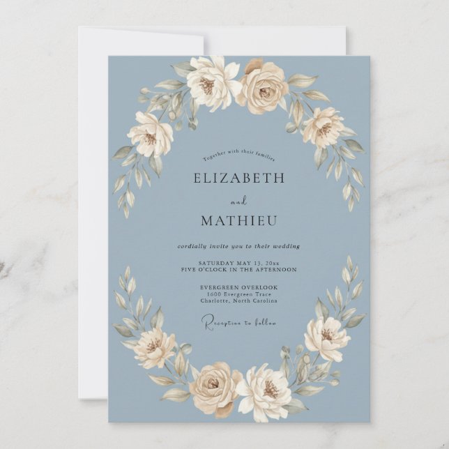 Invitation Mariage sur fond de pétales d'ivoire ardoise (Devant)