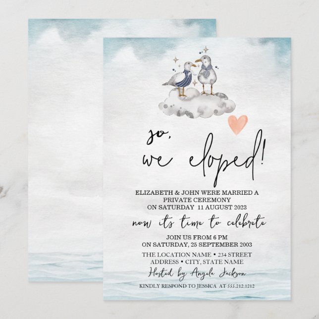 Invitation Mariage sur la plage à l'aquarelle avec des mouett (Devant / Derrière)