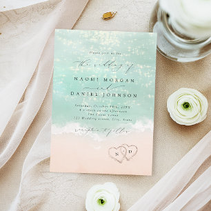 Invitation Mariage sur la plage à Modern Script coeurs dans l