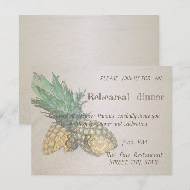 Invitation Mariage sur la Plage Ananas   Dîner de Répétition (Devant / Derrière)