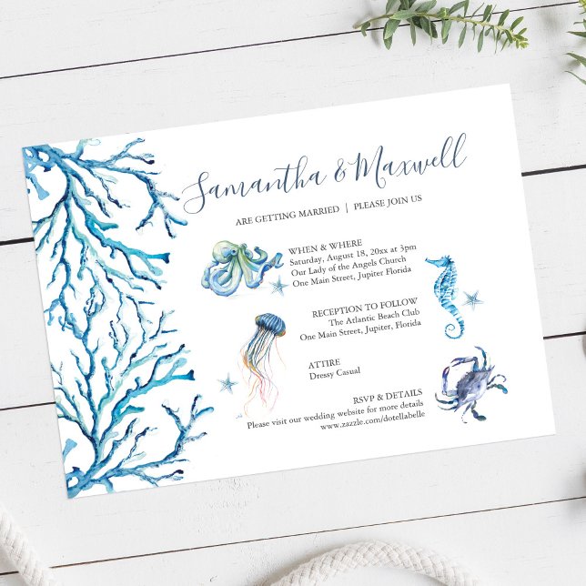 Invitation Mariage sur la Plage Aquarelle Bleue Illustrée (Custom beach wedding invitation cards features unique watercolor art by Victoria Grigaliunas)