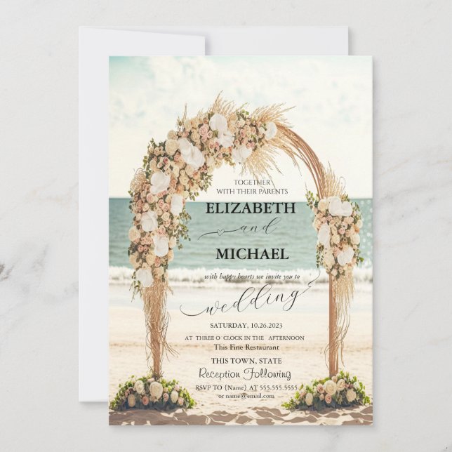 Invitation Mariage sur la Plage Arbres Roses Texte de Mariage (Devant)