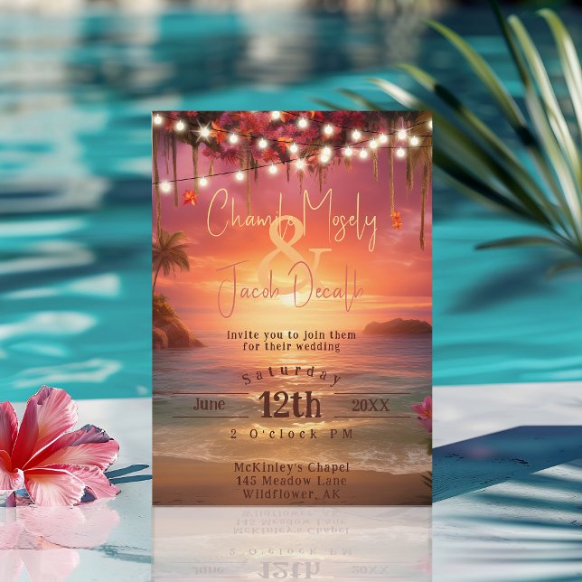 Invitation Mariage sur la plage au coucher de soleil tropical (Tropical Sunset Beach String Lights Wedding Invitation
)