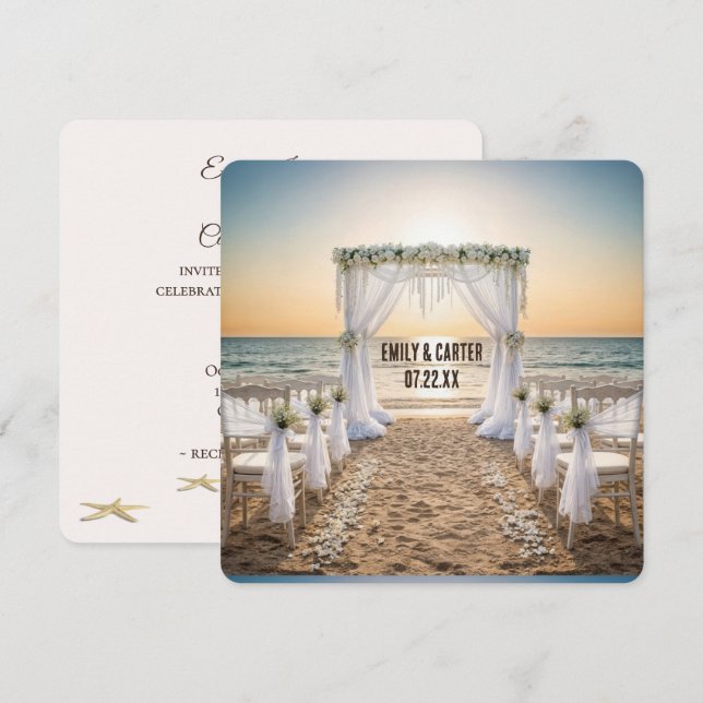 Invitation Mariage sur la plage au coucher du soleil avec arc (Devant / Derrière)