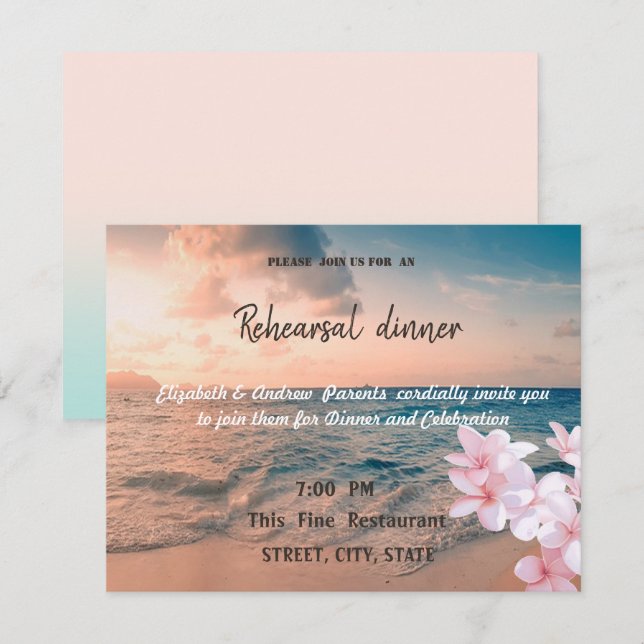 Invitation Mariage sur la plage au coucher du soleil, Dîner d (Devant / Derrière)