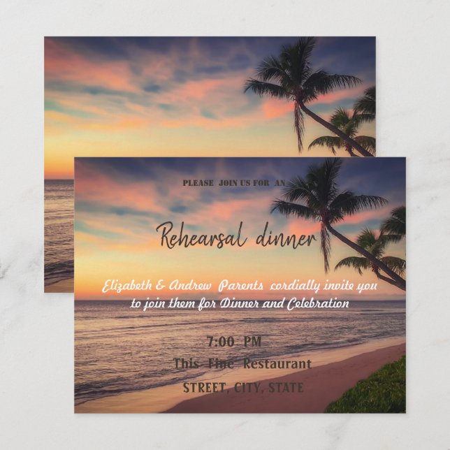 Invitation Mariage sur la plage au coucher du soleil, Dîner d (Devant / Derrière)