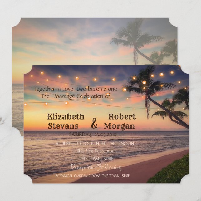 Invitation Mariage sur la plage au coucher du soleil, Palmier (Devant / Derrière)