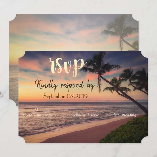 Invitation Mariage sur la plage au coucher du soleil, Palms   (Devant / Derrière)