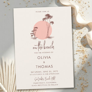 Invitation Mariage sur la plage aux palmiers rose soleil lumi