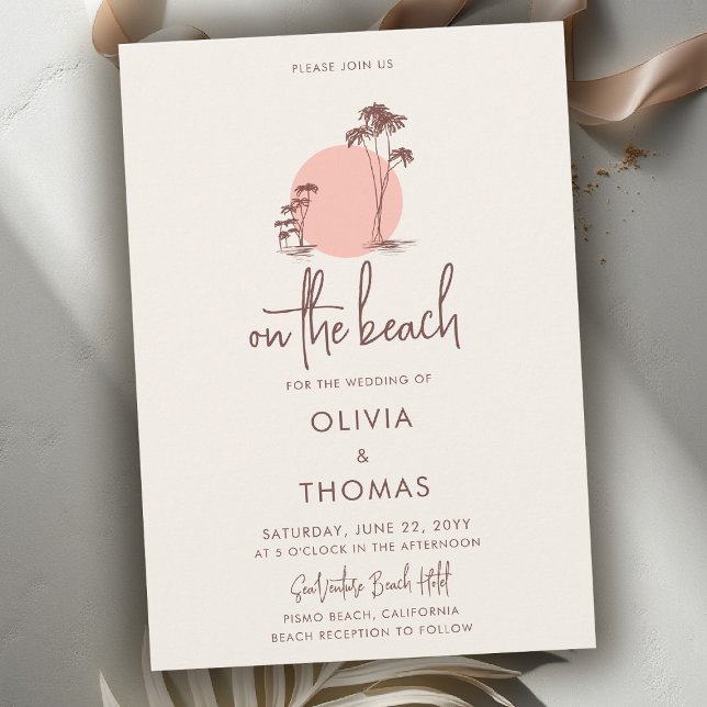 Invitation Mariage sur la plage aux palmiers sous le soleil r (beach wedding invitation tropical palm trees pink sun hand drawn modern calligraphy sand beige)