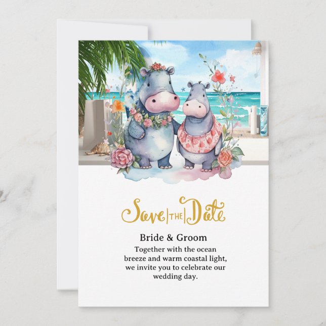 Invitation  Mariage sur la Plage avec Couple Hippopotames  (Devant)
