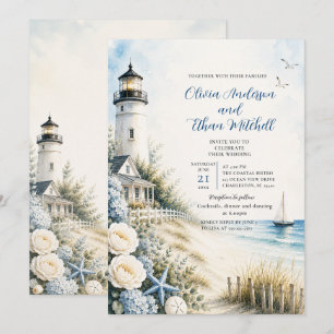 Invitation Mariage sur la plage avec un phare côtier
